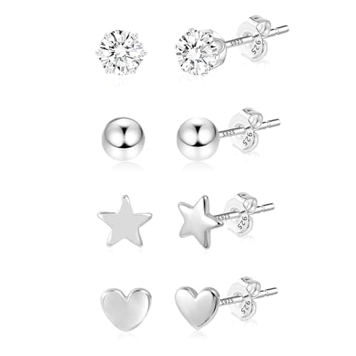 Image of ASH'S CHOICE 925 Sterling Silver Small Studs Earrings - Multipack Cartilage Piercing Earrings with Tiny Mini Zircon Stars and Heart Designs for Women