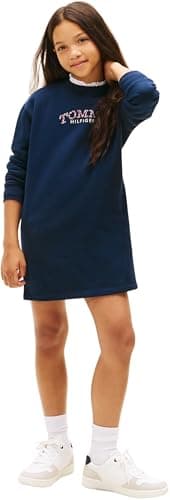Image of Tommy Hilfiger Girl's Tommy Puff Flower HWK Dress LS KG0KG08946 Sweatshirt Dress, Blue (Dark Night Navy), 14 Years