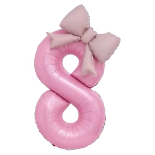Image of OMEIU 40'' Pink Number with Bow Balloon, Self Inflating Foil Light Pink Number Balloons Set 0-9, Pastel Pink Helium Balloon for Girls Birthday Party Decorations Anniversary Supplies (Number 8, Pink)