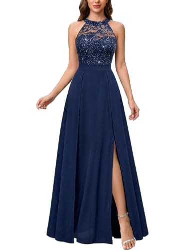Image of MIUSOL Women's Elegant Halter Neck Sleeveless Lace Floral Wedding Guest Banquet Party Maxi Dress (Large, Navy Blue)