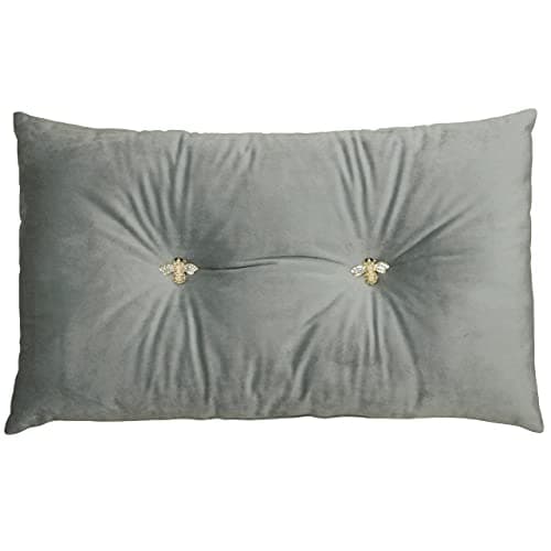Image of Bumble Rectangular Bee Scatter Cushion - Silver - Faux Velvet Look and Feel - Jewelled Metal Bee Buttons - Polyfilled - 100% Polyester - 30 x 50cm (12" x 20" inches) - Made by Riva Paoletti