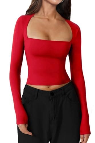 Image of INFITTY Crop Tops for Women Basic Long Sleeve Y2k Tops Scoop Neck Slim Fitted T-Shirts Cute Top Blouse Red L