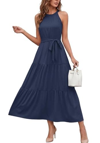 Image of AUSELILY Women's Maxi Dresses Halter Neck Summer Dress Sleeveless Off Shoulder Long Dress with Belt and Pockets Navy Blue M