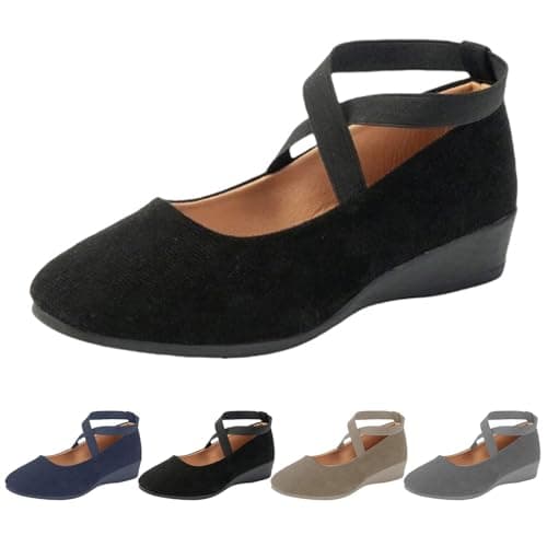 Image of UK 6 Womens Low Wedge Ballerina Ankle Elastic Crossing Strap Round Toe Comfy Pump Shoes Comfy Dolly Shoes for Ladies A0_Black Clearance