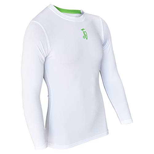 Image of Kookaburra Compression Lite Long Sleeve Shirt – Skin Fit Base Layer with Integral Lycra Support – Lightweight Training & Match Undershirt, 12 Years (Large Junior) White