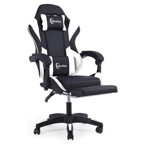 Image of Ruication Gaming Chair with Footrest Office Chair Desk Chair Swivel Tilt Computer Chair Ergonomic Design with Headrest & Lumbar Cushion Reclining Back Support for Home Office (White)
