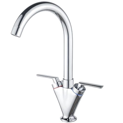 Image of Eovem Kitchen Tap, Dual Lever Sink Mixer Tap, Monobloc Swan Neck Kitchen Sink Tap Chrome Swivel Kitchen Faucet