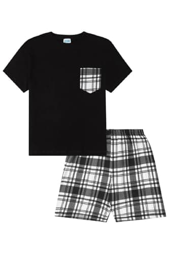 Image of ThePyjamaFactory Boys Black and White Short Tartan Check Shorts Pyjama Set Pjs For Kids (10-11 Years)