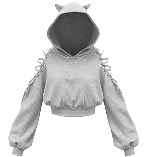 Image of Xumplo Girls Crop Top Hoodie Teens Cat Ear Sweatshirt Tween Girl Punk Gothic Pullover Gray Jumper Clothes 10-12 Years