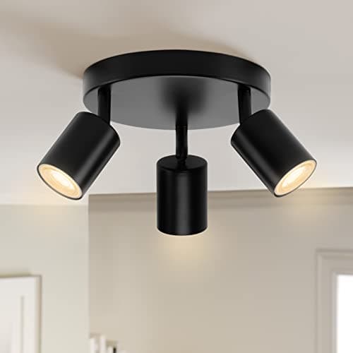 Image of wowatt 3 Way LED Ceiling Light Adjustable, Ceiling Spotlight Indoor Matt Black with Round Plat Spot Lights GU10 Industrial Spotlight Fitting Rotatable for Kitchen Bedroom Hallway, Bulb Not Included
