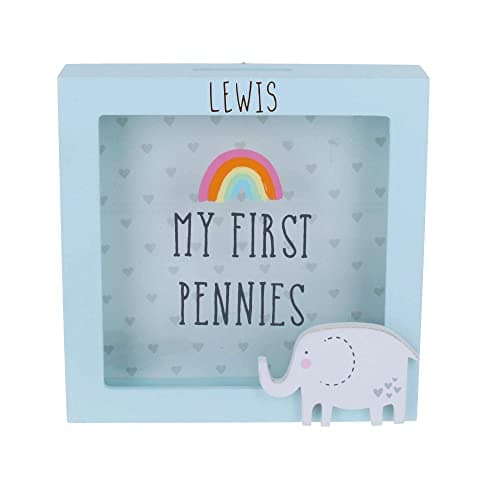 Image of Personalised Babies First Money Box Wooden Engraved Money Box Frame My First Pennies Blue Elephant Savings Bank for Babies Newborn Gift Kids Piggy Bank for Baby Boy
