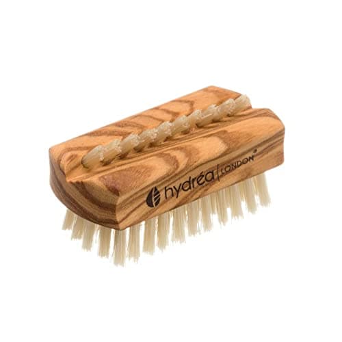 Image of Hydréa London Olive Wood Dual Sided Nail Brush. Travel Size. 6cm. Natural Bristle to effectively clean hands and nails.