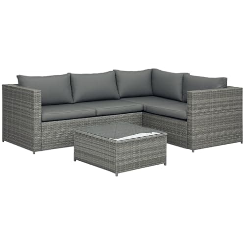 Image of Outsunny 3 Pieces PE Rattan Garden Furniture Set with 10cm Thick Cushions, 4 Seater Outdoor Patio Corner Sofa Set with Glass Top Coffee Table, Grey