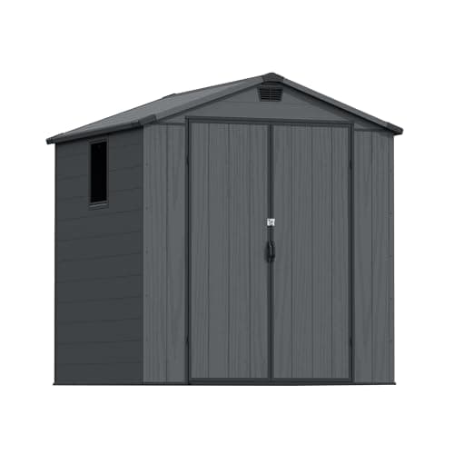 Image of Devoko 6x6ft Outdoor Plastic Garden Storage Shed with Lockable Double Doors & Apex Roof - Patio Backyard Tool Shed, Bike Shelter, Garbage Bin Store - Weather and Fade Resistant - Dark Gray