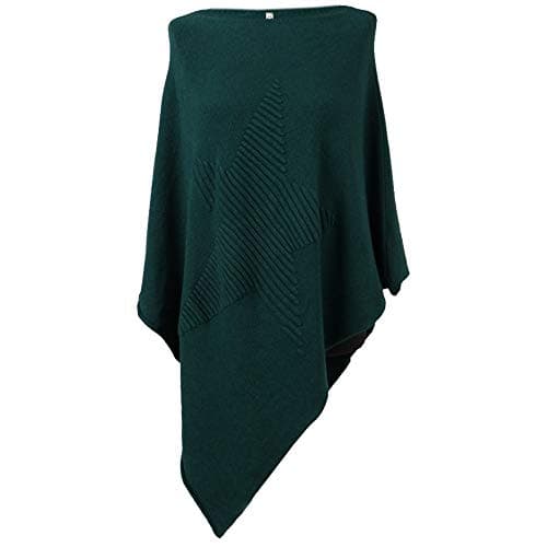 Image of Storm Island SI001 Italian Ladies Lagenlook Knitted Star Poncho Womens Asymmetric Hem Ribbed Star Plus Size (Bottle Green, ONE Size 10-16 UK)