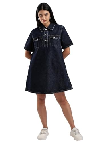 Image of Calvin Klein Jeans Stretch Collar Cotton Denim Dress, Dark Ck Blue, L