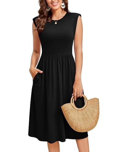 Image of Zeagoo Women Dresses Summer Midi Dress Round Neck Sleeveless Tunic Dress Casual A-Line Dresses with Pockets Black M