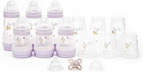 Image of MAM Easy Start Anti-Colic Bottle Starter Set | 17 Pieces | Includes 6X Bottles and MAM Original Start 0-2 Month Soother | Baby Gift Set of Newborn Essentials | Large | Lilac (Various Designs)