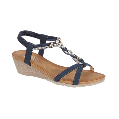 Image of Jo & Joe Ladies Mid Heel Wedge Comfort Sandal with Glitzy Jewels and Elasticated Slingback Strap, Flexible sole sizes 4-8 (Navy 6, UK Footwear Size System, Adult, Women, Numeric, Medium, 4)