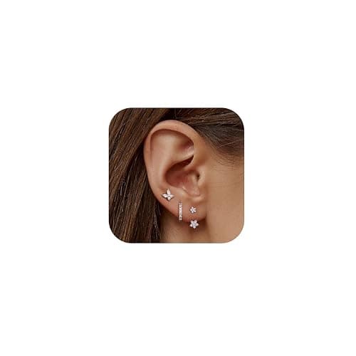 Image of JeweBella 3 Pairs Sterling Silver Stud Hoop Earrings Set for Women 14K Gold Plated Earrings Stacks Dainty Small Stud Hoop Earrings Sets for Multiple Piercings