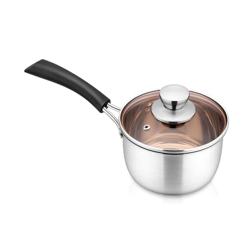 Image of Onader 14cm Saucepan, Stainless Steel Sauce Pot with Glass Lid, Small Milk Cooking Pan with Heatproof Handle for Kitchen Restaurant Cooking, Healthy & Easy Clean