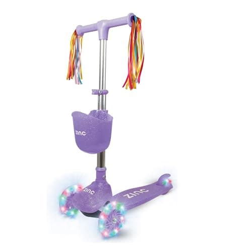 Image of Zinc Kids Scooter for Ages 3+ – Three Wheeled Boys & Girls Scooter with LED Light Up Wheels, Adjustable Handlebar, Lean ‘n’ Steer Controls, Rear Brake, Soft Rubber Grips