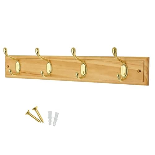 Image of Keypak Pine Wall Mounted Coat Rack with 4 Polished Brass Hooks - Heavy Duty Wooden Board for Coats, Hats, Bags, Tools Space - Saving Wall Storage Organiser, Fixings Included