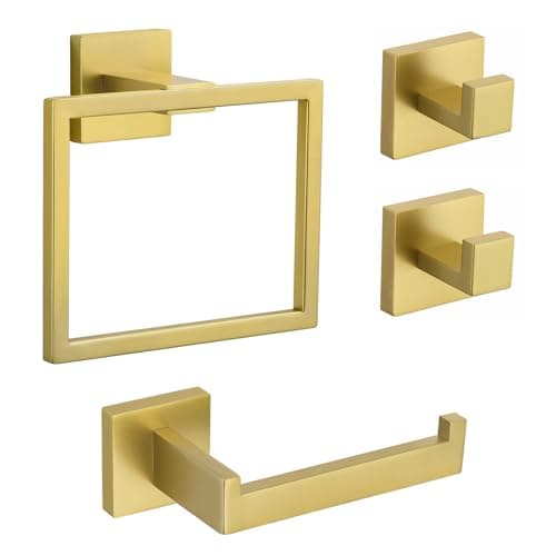 Image of TURS Brushed Gold Bathroom Accessories Hardware Set,4 Pieces Towel Ring Contemporary Style Stainless Steel 304 Towel Rail+Toilet Roll Paper Holder+Hook*2, Wall Mounted (Brushed Gold)