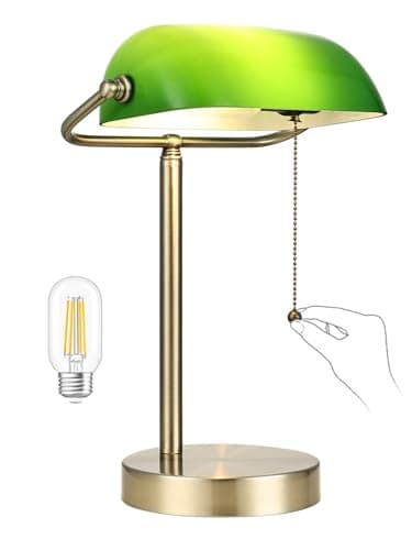 Image of Newrays Traditional Green Glass Bankers Desk Lamp with Pull Chain Switch Plug in Fixture