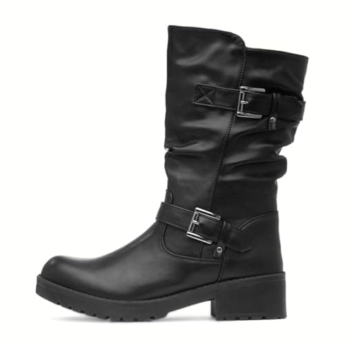 Image of Lilley Womens Black Block Heel Buckled Calf Boot - Size 7 UK - Black