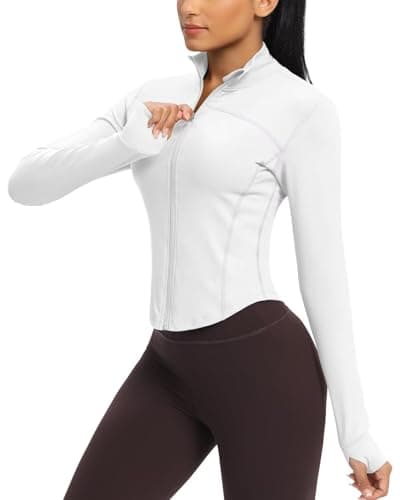 Image of Queenie Ke Women's Cropped Running Jackets - Zip Up Lightweight Athletic Yoga Gym Tops BBL Jacket with Thumb Holes (White, Medium)