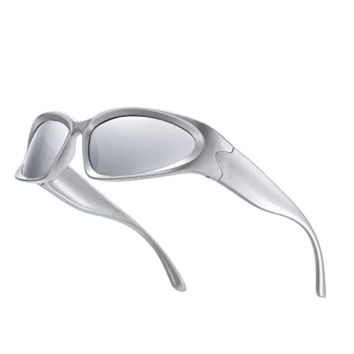 Image of YUELUQU Y2K Wrap Around Sunglasses Men's Women's Futuristic Outdoor Sports Sunshade UV400 Glasses (Silver Frame/Silver Lens)