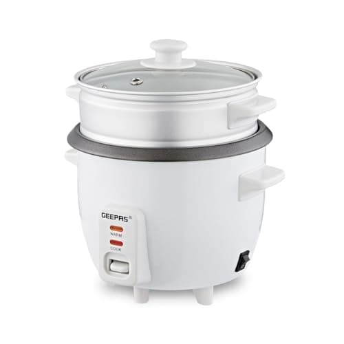 Image of GEEPAS Rice Cooker with Steamer | Keep Warm Function | Automatic Cooking Non-Stick Inner Pot | Make Rice & Steam Healthy Vegetables | Includes Measuring Cup, Spatula & Tempered Lid (0.6L- 300W)