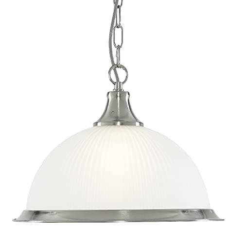 Image of Britalia Satin Silver Chrome & Frosted Ribbed Glass Dome Vintage Pendant Ceiling Light | 34cm Diameter | 1 x E27 ES Lamp Bulb Required (Not Included) | American Diner Retro Design