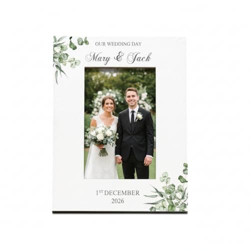 Image of Personalised Wedding Day Photo Frame, White Finish, 6x4 Inch, Elegant Keepsake Gift with Custom Names and Date