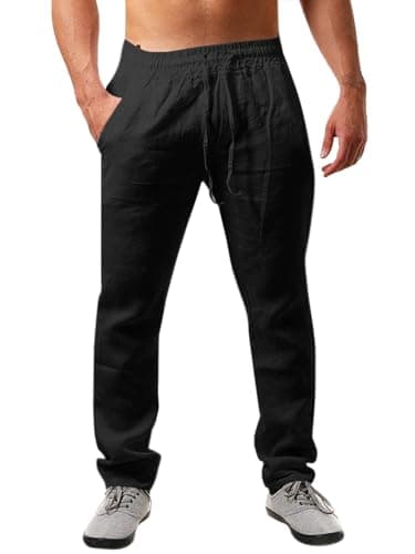 Image of Runcati Men's Linen Trousers Solid Color Lightweight Loose Fit Drawstring Holiday Beach Daily Wear, Black, L