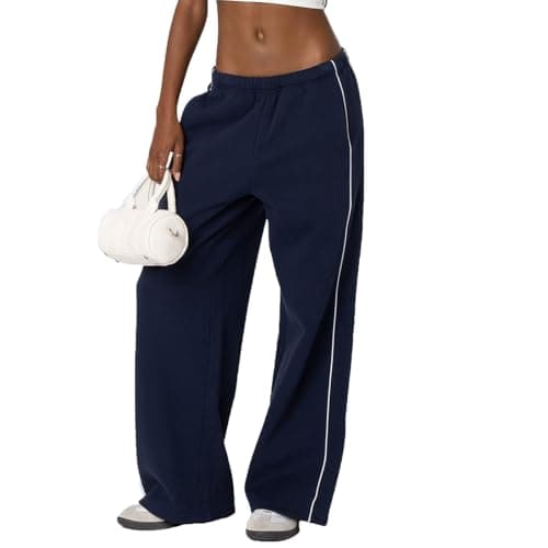 Image of Feclmiyt Women's Striped Side Baggy Sweatpants Y2k Elastic Waist White Trim Jogger Sweatpants Wide Leg Workout Track Pants with Pockets (Dark Blue, M)