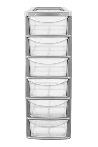 Image of Plastic Storage Tower with 6 Drawers - Silver Frame, Clear Drawers - Small Organiser Unit for Home, Office, Crafts, and Toys