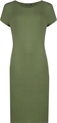 Image of WearAll Womens Plus Size Plain Short Sleeve Stretch Ladies Jersey Midi Dress - Khaki Green - 16/18