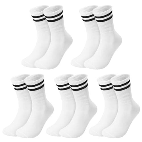 Image of Kotashion 5 Pairs Mens Socks, Striped Crew Sock Women Mens White Socks 6-11, Cotton Breathable Sports-socks for Low-intensity Running, Hiking, Training Daily Wear, White
