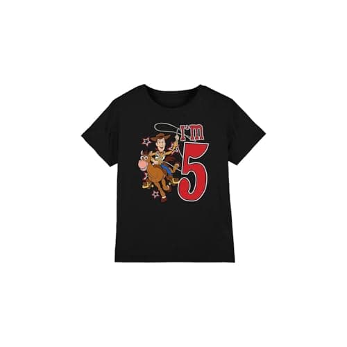 Image of Toy Story Boys Birthday Woody I'm 5 Unisex Kids T-Shirt, Black, 3-4 Years UK