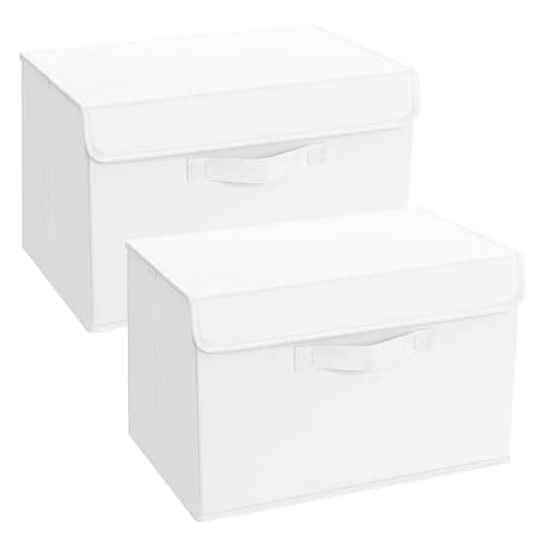 Image of Homsorout Foldable Storage Boxes with Lids - Wardrobe Organiser Bin with Handle Fabric Basket Containers for Clothes, Book, Shelf, Office, Large x2-23.75L, White