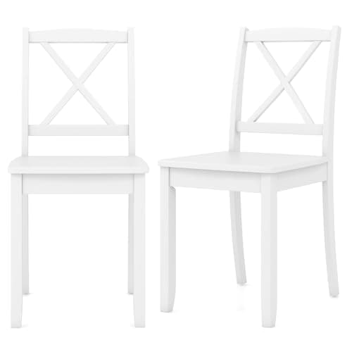Image of COSTWAY Dining Chairs Set of 2, Wooden Kitchen Chairs with Curved Cross Back Backrest & Rubber Wood Legs, Farmhouse Diner Side Accent Chairs for Dining Room, Living Room Restaurant (White)