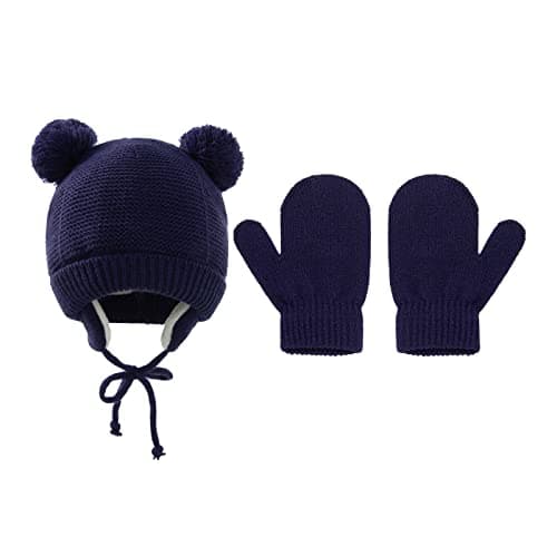 Image of Suxgumoe Baby Hat and Gloves Set, Infant Toddler Winter Warm Knitted Beanie Hat Mittens for Girls Boys 1-4 Years Old (Navy)