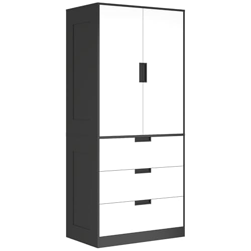 Image of HOMCOM 2 Door Wardrobe with 3 Drawers & Hanging Rail, Modern Clothes Storage Cupboard Unit, Bedroom Wardrobe with Soft Closing Hinge, 50D x 80W x 180Hcm, Black