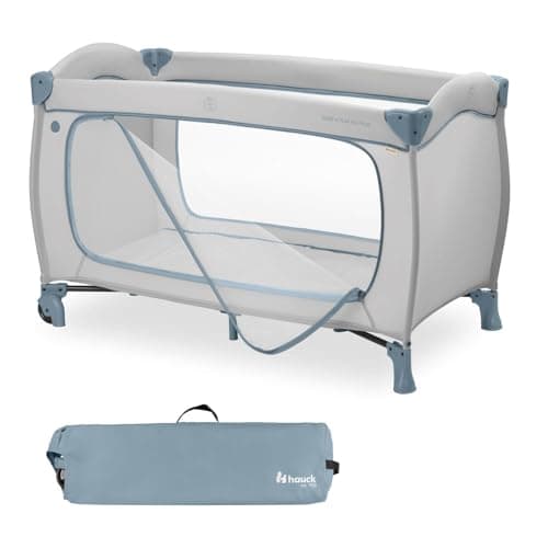 Image of hauck Sleep N Play GO PLUS, Dusty Blue - Travel Cot for Babies and Toddlers with XL Hatch, Wheels and Travel Bag, Lightweight, Fast and Compact Folding, 120cm x 60cm, from Birth up to 15 kg
