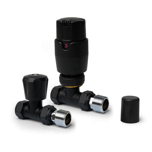 Image of Black Straight Thermostatic Radiator Valves TRV Modern Radiator Valves 15mm x 1/2" (Set of 2) for Heated Towel Rails & Central Heating Radiators Radiator Valve Set