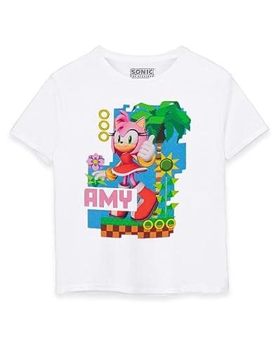 Image of Sonic The Hedgehog Kids T-Shirt | White Amy Green Hills Graphic Tee for Girls | Short Sleeve Vintage Style Gaming Apparel | Lightweight Short-Sleeve Top | Retro Sonic Game Gift for Children & Teens