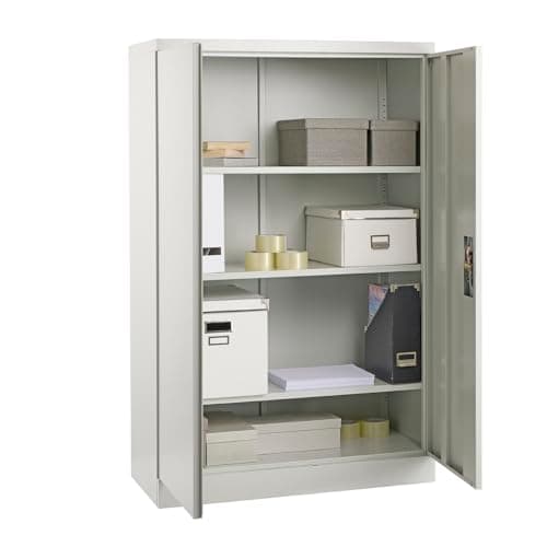 Image of MMT Furniture Grey Steel Storage Cabinet - 2 Door Lockable Filing Cabinet -Storage Cupboard for Home, Office Documents, Files, Pantry - 3 Shelf Unit 75cm x 40 x 140cm