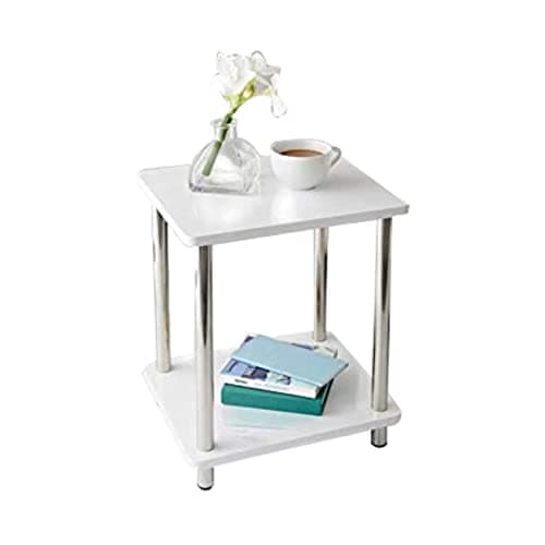 Image of Saxony® Small Side Table Bedside Table 2 Tier Occasional Tables Contemporary Wooden Shelving Nightstand Stainless Steel Legs Living Room Decor Furniture White